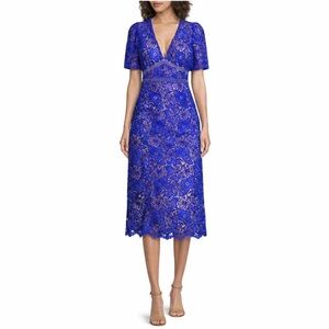 NWT Anthropologie Adelyn Rae Eyelet Embroidered V-Neck Lace Blue MIDI Dress